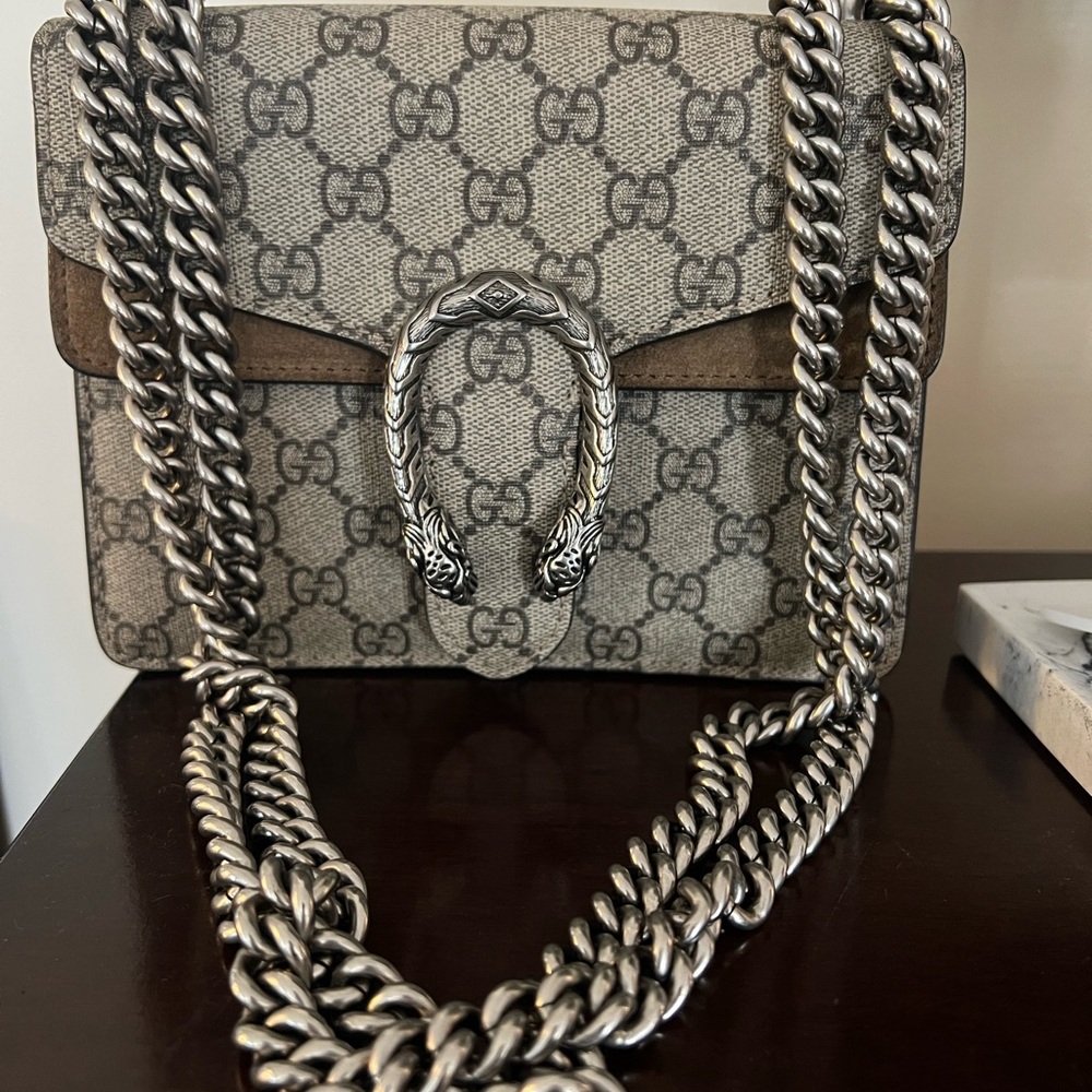 Gucci Crossbody Bag in Gray and Brown with Silver Chain